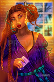 Woman in a purple outfit with glowing elements, surrounded by text, on a colorful background.